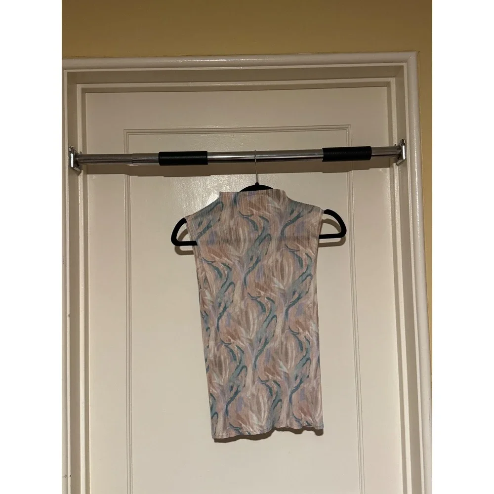 Sleeveless Mock Neck Top Abstract Print Pleated Elegant Party Blouse - Picture 2 of 3